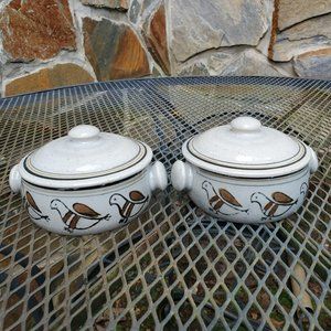 Vtg Shafford Primitive Collection Covered Dish Bowl W/Lid Bird Stoneware -2 Blue